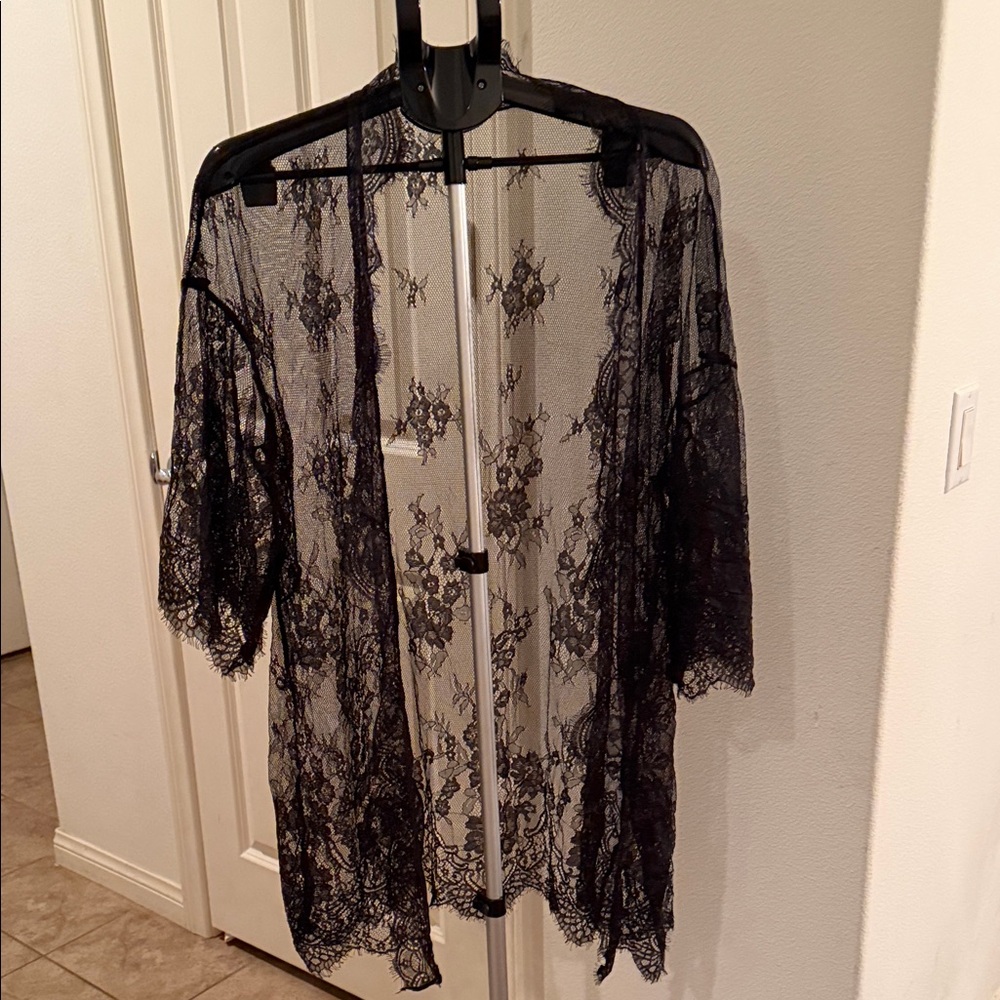 Black Lace Sheer Kimono Robe - Women's Intimates